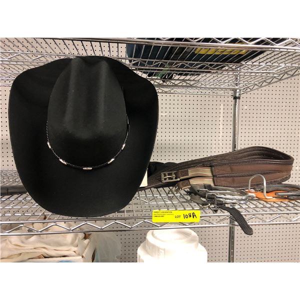 Group of assorted horseback riding accessories - includes leather strap/stirrups/2 black Cowboy hats