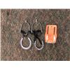 Image 2 : Group of assorted horseback riding accessories - includes leather strap/stirrups/2 black Cowboy hats