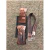 Image 3 : Group of assorted horseback riding accessories - includes leather strap/stirrups/2 black Cowboy hats