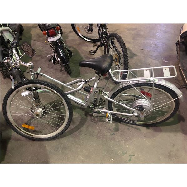 Silver electric bike w/kindshock (wheel disassembled - not tested)