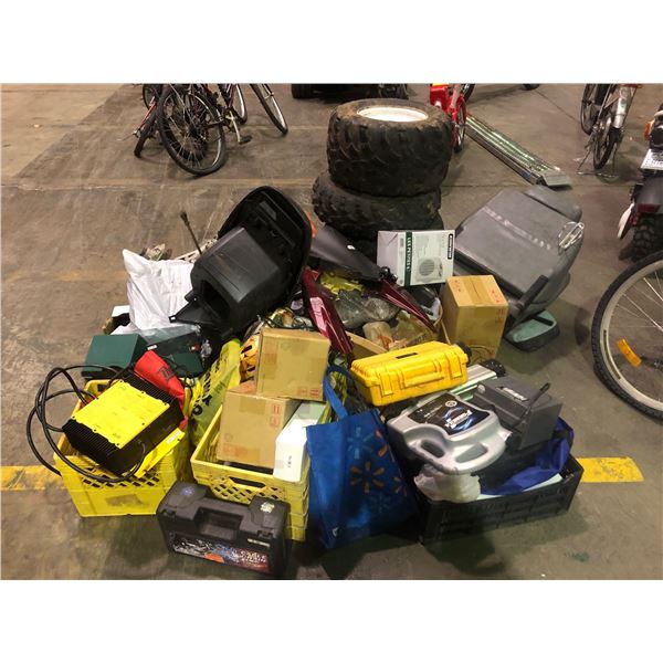Shelf of misc bike/atv parts includes - motorbike engine, batteries, bike exhaust, suspension, Monst