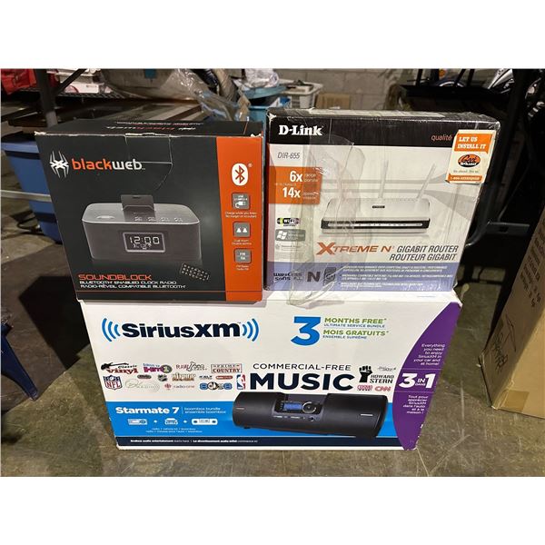Sirius XM ensemble boom box, black web sound block, D-link Xtreme gigabit router