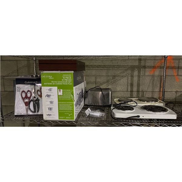 Shelf lot of misc items including - Cuisinart scissors, dual stove top, toaster, cat cora 10 piece t