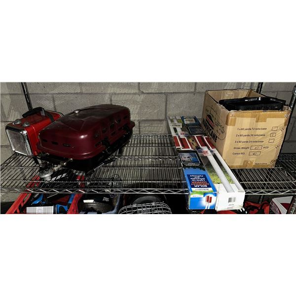 Shelf lot of misc items including - solar driveway marker, camping grill, Honeywell heater, etc...