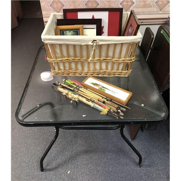 Group of misc. decorative items - includes framed pictures/native arrows etc. TABLE IS INCLUDED
