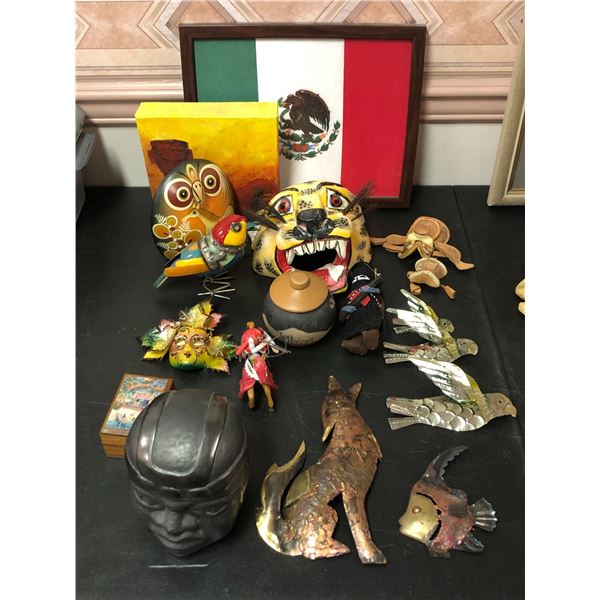 Group of misc. decorative items - includes metal wall hangings/Mexican flag/handcrafted wooden box e