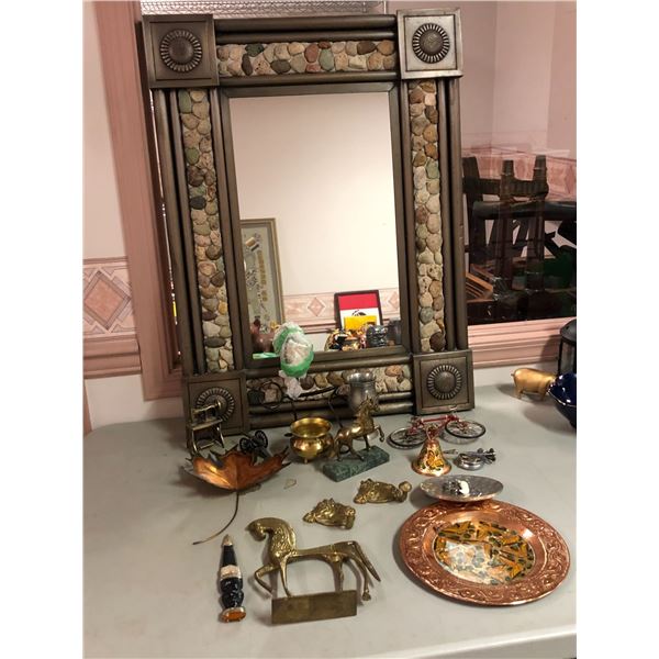 Group of misc. decorative items - includes decorative metal plate/golden metal horse statue/mirror e