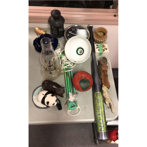 Group of misc. decorative items - includes vintage oil lamps/money box panda/clock etc.