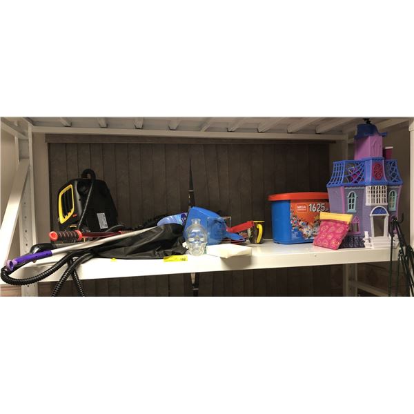 Shelf contents - includes McCulloch MC1375 steam cleaner & accessories (not tested)/plates/Mega Cons