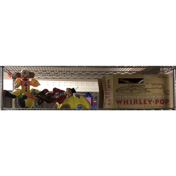 Shelf contents - includes Whirley Pop hand-crafted popping machine in box/2 decorative clowns