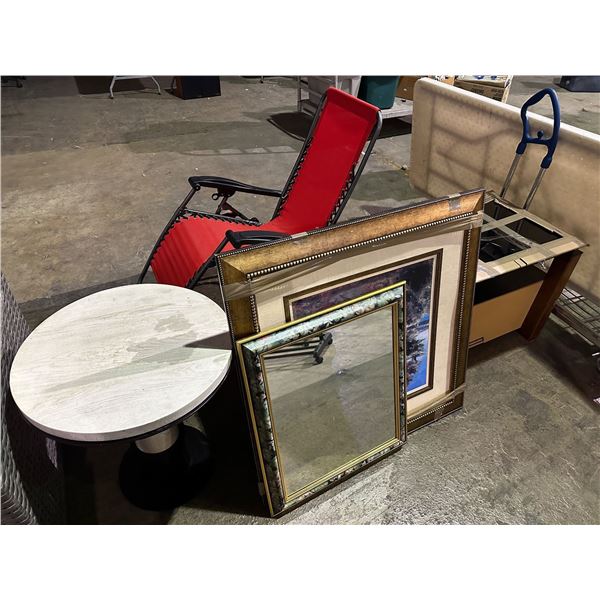 Group of framed scenic art print & framed mirror