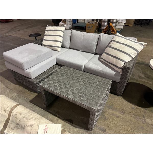 Outdoor patio sofa w/glass wicker table top approx. 90in L 60in D 28in H