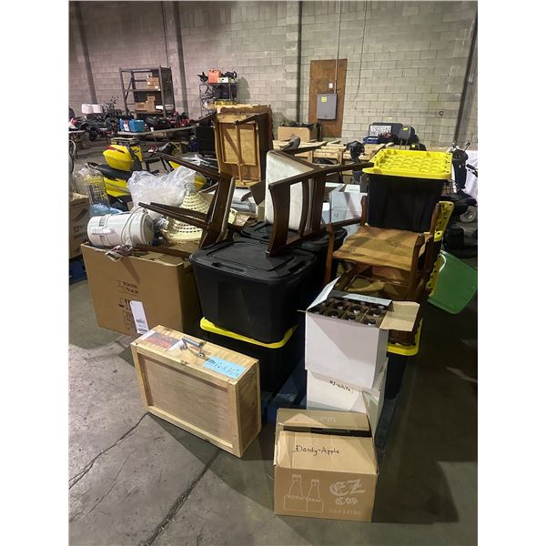 Large lot of movie prop supplies including - boxes of glass prop alcohol, big bottles, dryer, chairs