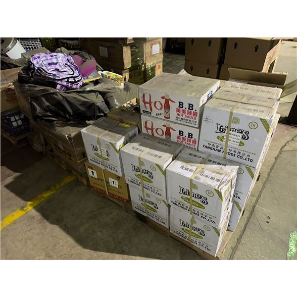 2 pallets of misc items including - hot sauce, vanilla syrup, backpack, light ball, clean bucket, et