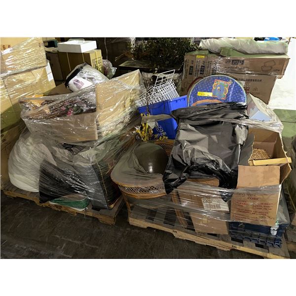 2 pallets of misc items including - artificial flower w/pot, bamboo trays, decor items, queen sheet