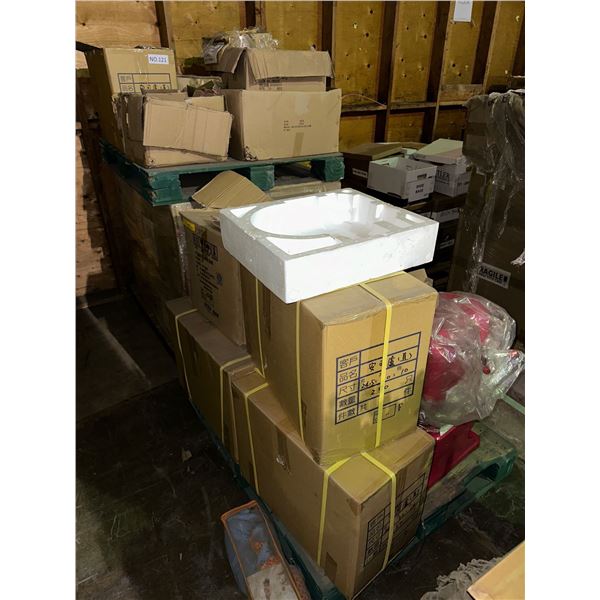 2 pallets of misc items including - plastic straws, brand new ice block shaving machine, bowls, pape