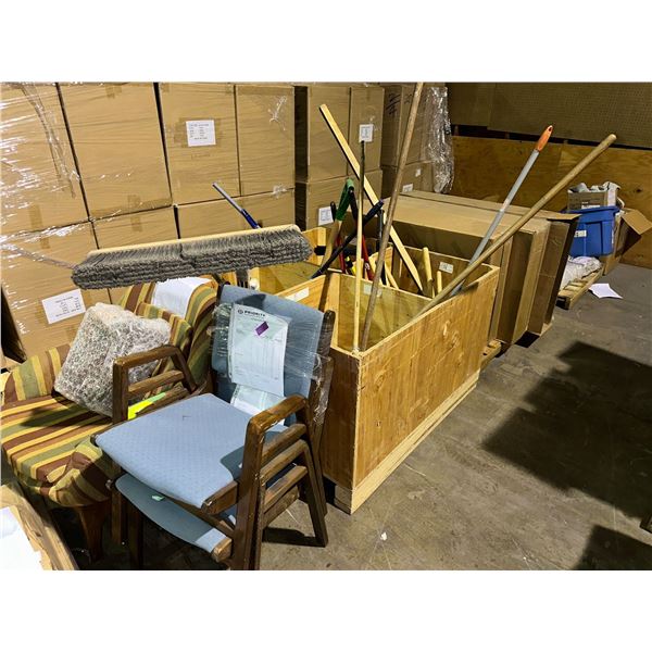 Group of misc items including - 3 chairs, brooms, various cutters, dustpan, brooks bag full of umbre