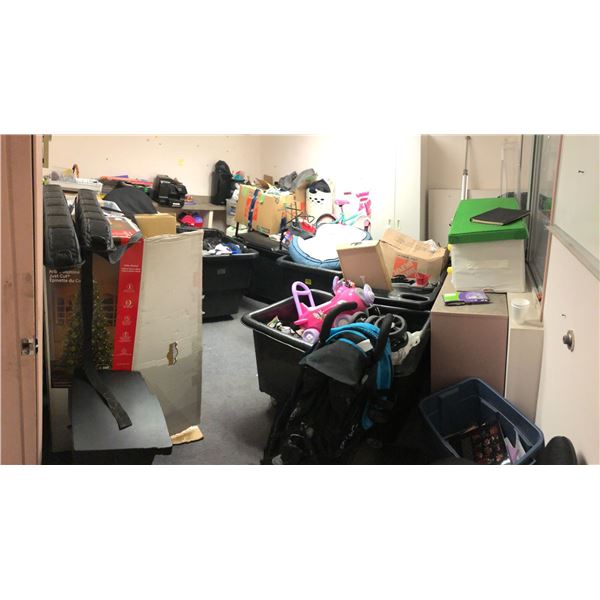 Room full of misc. - includes kids toys/assorted chritmas ornaments/printers/furniture/clothes etc -