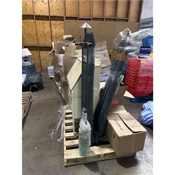 4 pallets of misc items including - carpets, wood secretary desk, boxes of flags, framed pictures, m