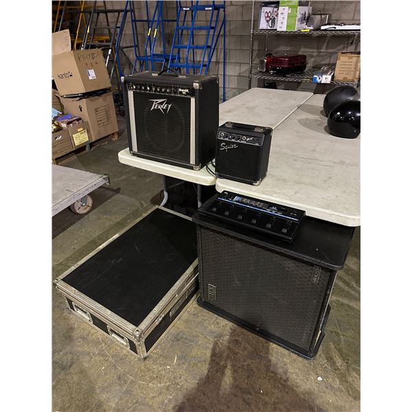 Group of misc electronic equipment including - Peavey bandit solo series amp, Squier Sp-10 amp, Stud