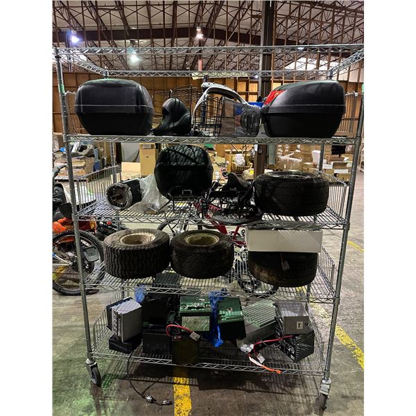 4 shelf lot of misc items including - shelf, motorcycle trunks, batteries, blind spot mirror w/halog