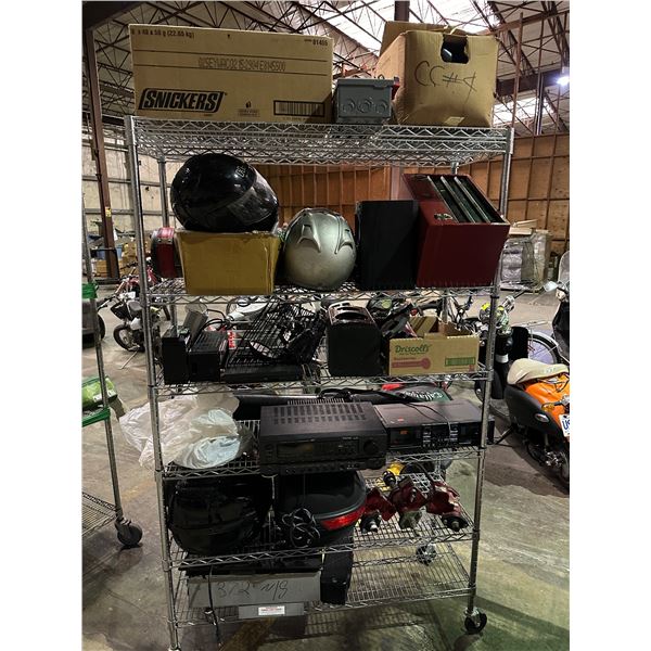 6 shelf lot of misc items including - shelf, golf bag, motorcycle helmet, bike basket, speaker, IBM 