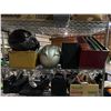 Image 2 : 6 shelf lot of misc items including - shelf, golf bag, motorcycle helmet, bike basket, speaker, IBM 