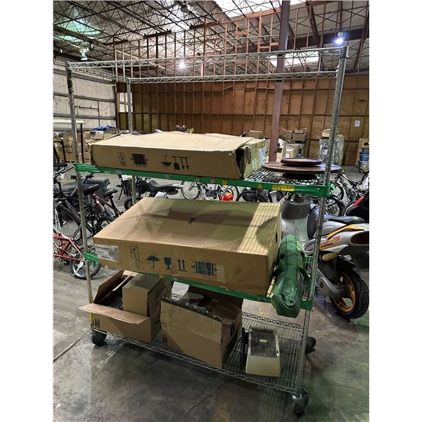 3 shelf lot of misc items including - stainless steel cooktop service, Coleman sunshade, filters, Th