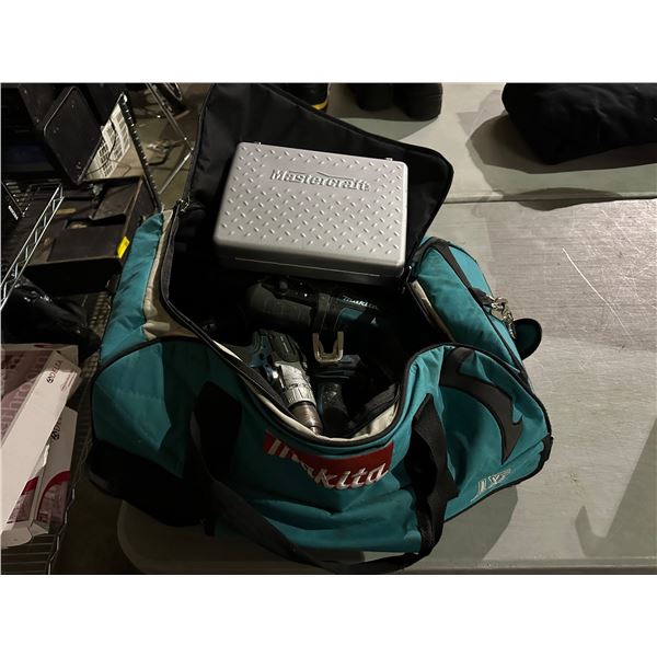 Group of misc tools including - Makita drills, Makita bag, Mastercraft 6 pc Cement Hole Saw Set, 2''