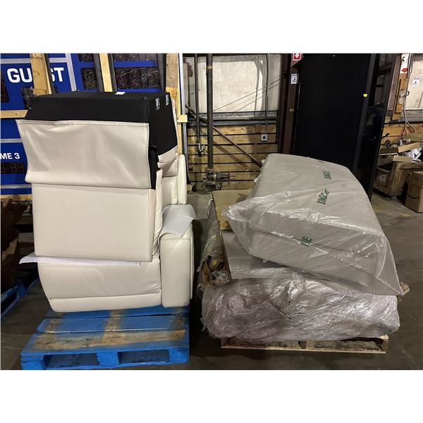 Group of 2 cream coloured leather seats, sofa cushions, etc...