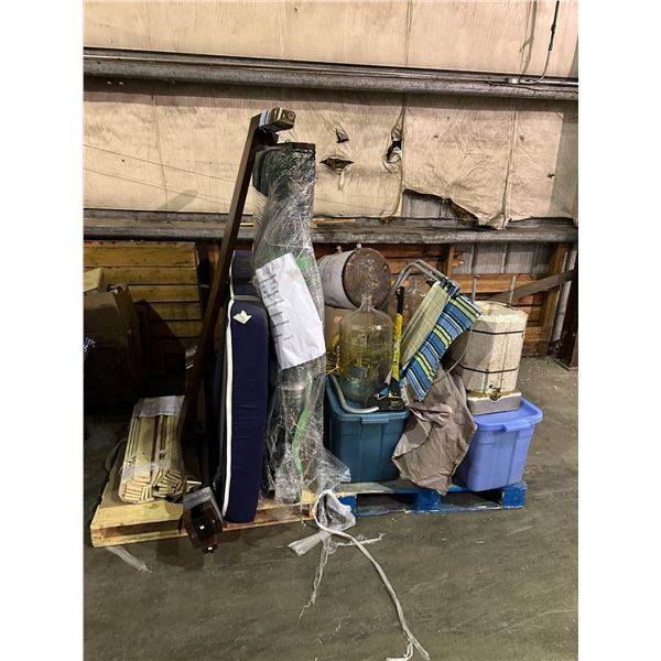 Pallet of misc items including - axe, bed, headboard, 4 large glass bottles, bbq caddie, etc...