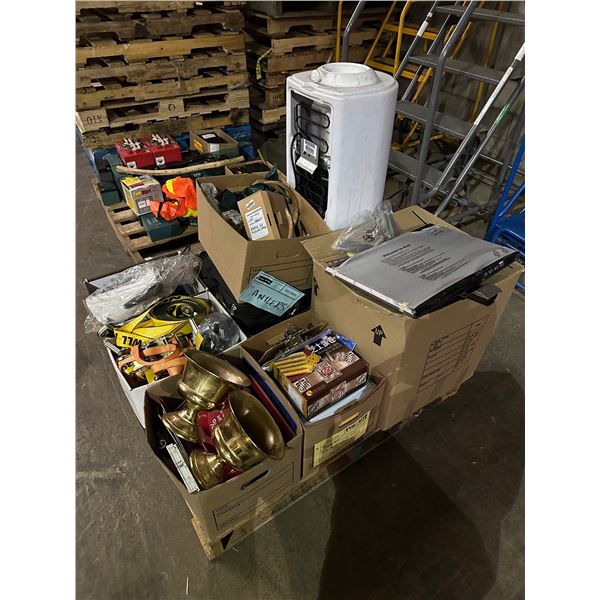 Pallet of misc items including - decor items, ratchet tie downs, water cooler, 6 bottles of bleach, 