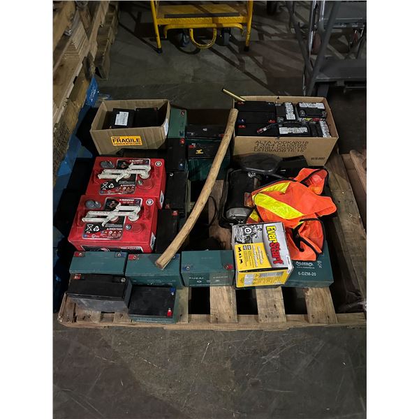 Group of misc items including - approx. 20 batteries, safety vest, everstar sports motor, 1 HP ball 