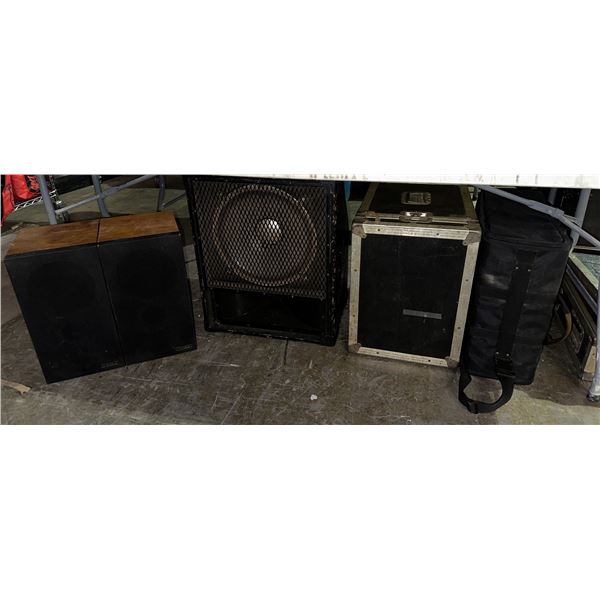 Group lot of misc items including - 2 Mission electronic speakers, Yamaha digital reverberator rev 7
