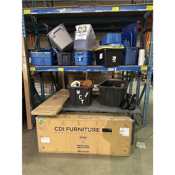 Group lot of misc items including - bike seats, totes, console table, metal table (approx. 72in L 32