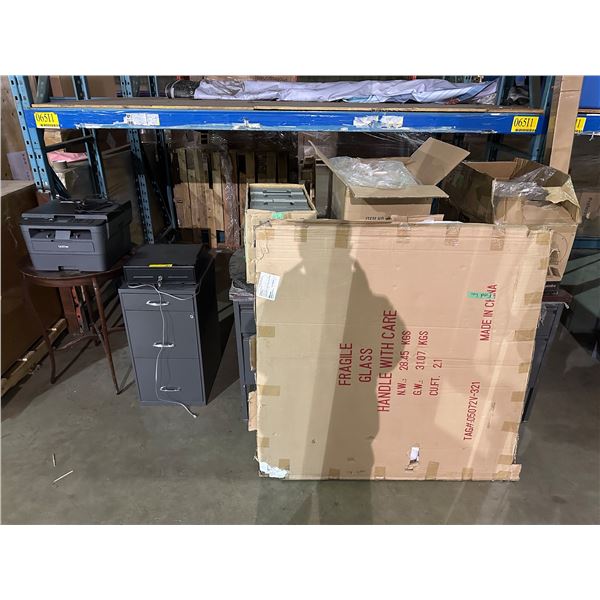 Group of misc items including -  Brother printer, cash drawer, side table, tackle box, glass top, et