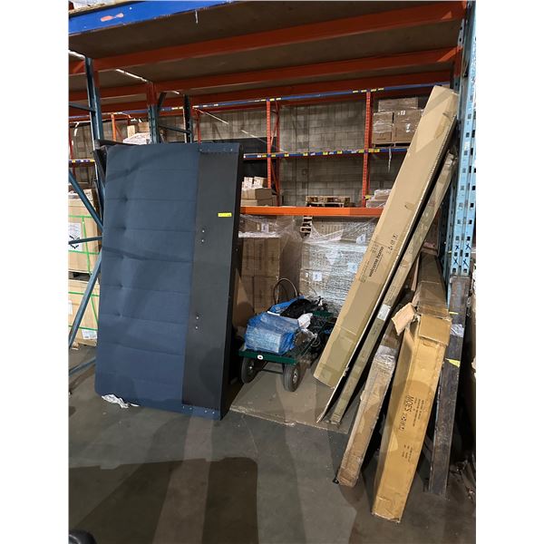 Group of misc items including - headboard, green cart, Sunday's lean on me bed queen, rectangular gl