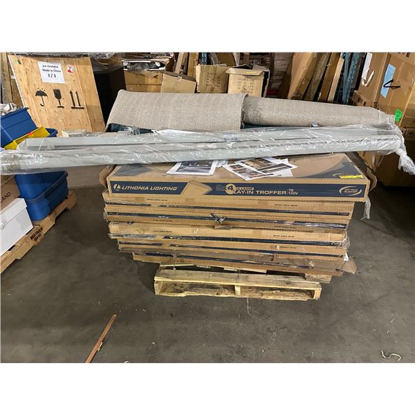 Group of misc items including - approx. 5 boxes of 2x4 4 lamp lay-in troffer, blinds, carpet, etc...