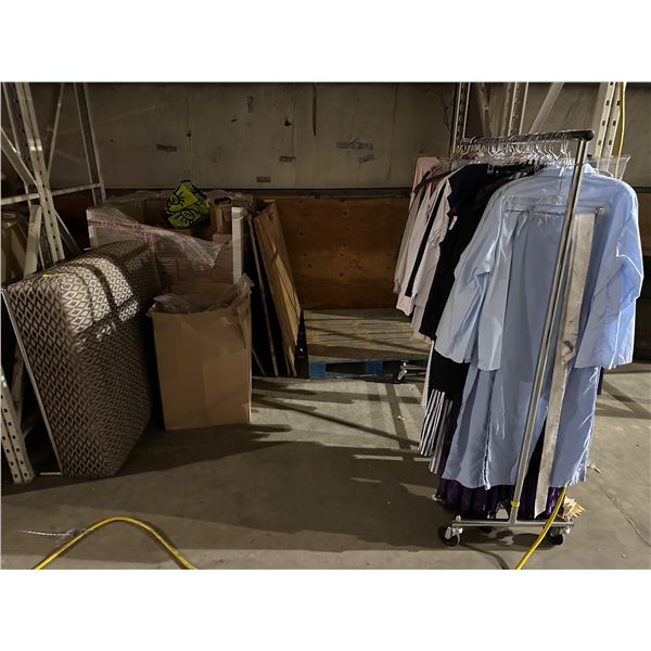 Group of misc items including - ottoman, rack of clothing, pallet of hand sanitizers, etc...
