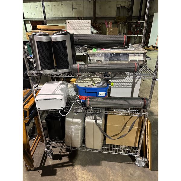 Group of 3 shelves including - 4 tier shelf, 2 heaters, air purifier, 3 suitcases, 3 various sized a