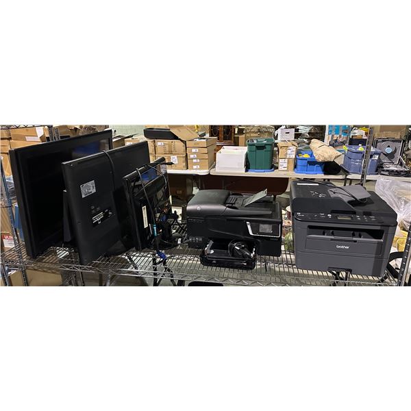 Group of misc items including - 2 various printers, 4 various monitors, etc...