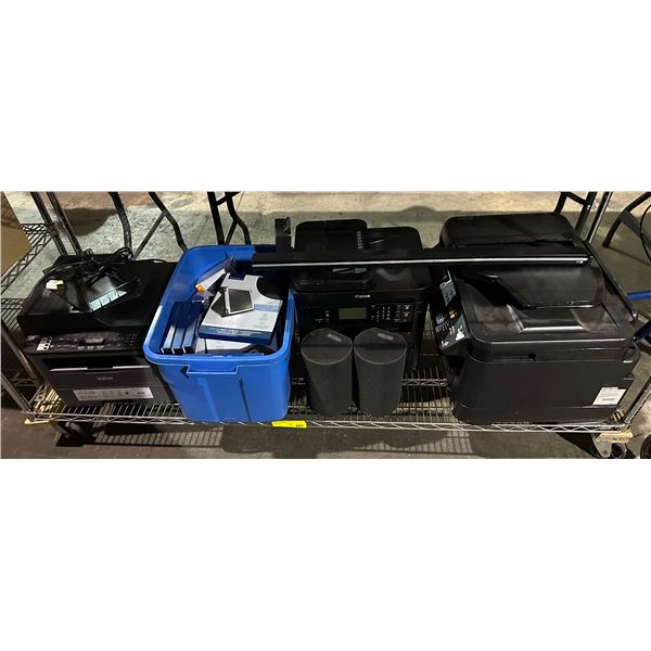 Group of misc items including - 3 various printers, tote of Insignia 9"-11" universal table cover, s