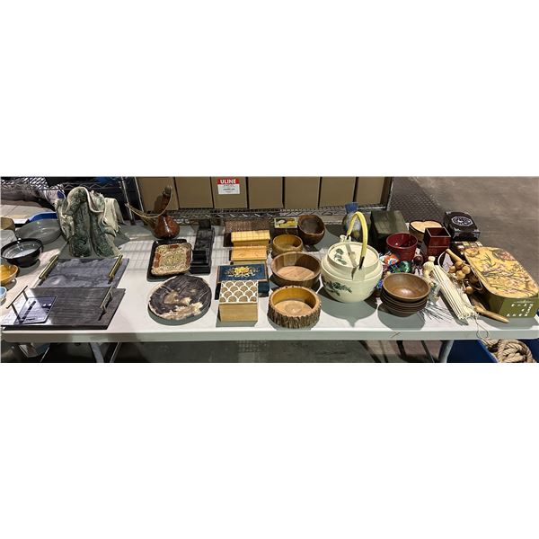 Table of misc items including - wood bowls, decor, wood boxes, tea pot, trays, etc...