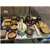 Image 3 : Table of misc items including - wood bowls, decor, wood boxes, tea pot, trays, etc...
