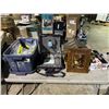 Image 1 : Table of misc items including - 2 Ouija boards, satellite phone, painting, Asian style mini house, t