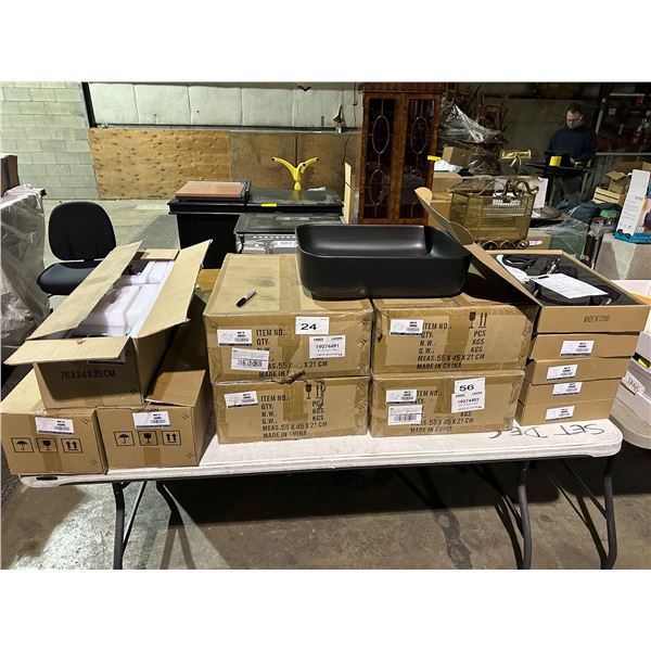 Table of misc items including - 5 boxes of KES kitchen faucets (L6915LF-BN), 4 KES porcelain sink, 3