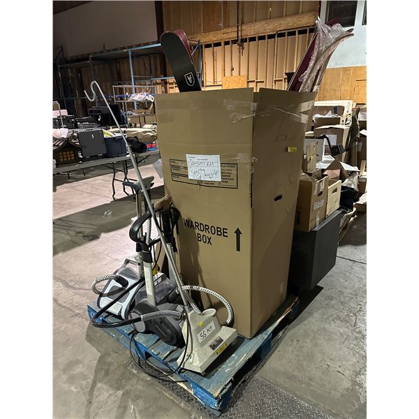 Pallet of misc items including - box of skis, snow boots, baby change station, steamers, etc...