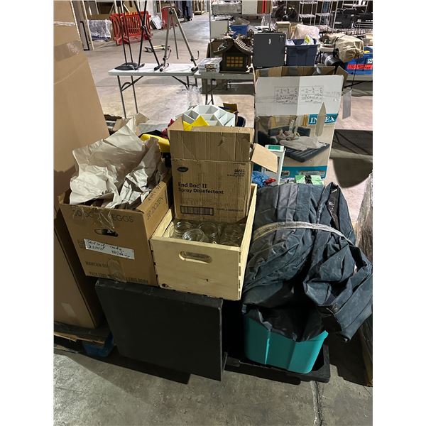 Pallet of misc items including - glass jars, disinfecting spray, candle holders, banquet chair cover