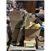 Image 1 : Pallet of misc items including - box of 3m super 77 spray adhesive sds, drapes, couch pillows, ear s