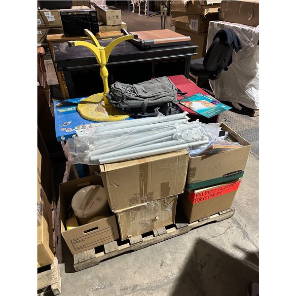 Pallet of misc items including - office supplies, backpack, dim sum tray, yellow side table, kids ta